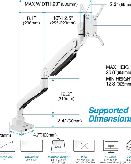 AVLT Single 17"-57" Super Ultrawide Monitor Arm for Screens Up to 59.5 lbs, Premium Aluminum Desk Stand, Adjustable Pneumatic Height, Full Motion Swivel Tilt Rotation, USB-C & USB-A Ports, White