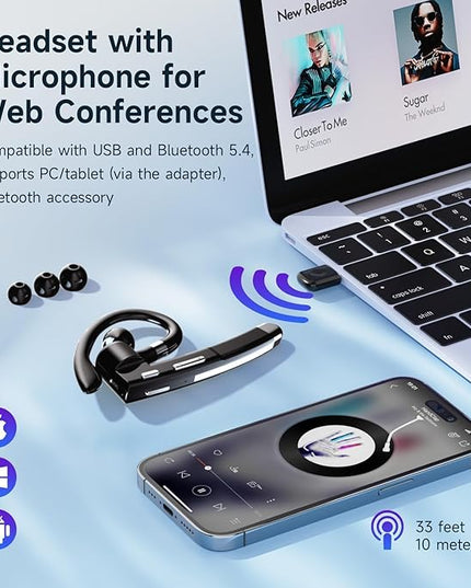 Boytond Bluetooth V6.1,Single-Ear Wireless Headset with USB Dongle, 10H Talk Time and 4H Playtime via USB, Dual-Mic Noise Canceling Earpiece for Computer/Cell Phones, Driving Headset for Trucker Work