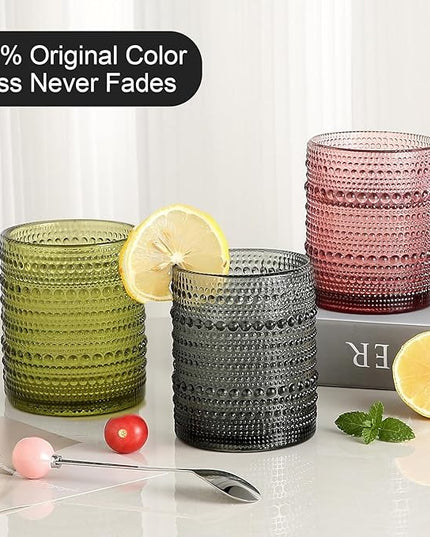 Colored Hobnail Drinking Glasses Set of 6,12oz Vintage Kitchen Glassware,Embossed Beaded Glass Cups,Water Tumbler for Cocktail,Juice and Various Mixed Drinks