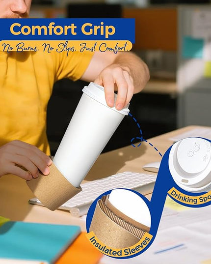 Fit Meal Prep 250 Pack 24 oz Disposable Coffee Cups with Lids, Sleeves, Leak-Proof To Go Coffee Cups with Lids, Durable Hot Paper Cups for Home, Office, Party, Business
