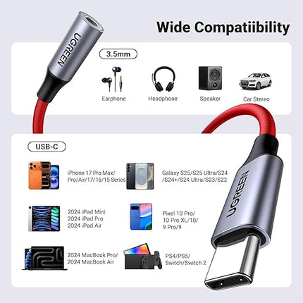 UGREEN USB C to 3.5mm Audio Adapter Type C to Headphone Aux Jack Dongle 24bit/96kHz HiFi DAC Cable Cord Compatible with iPhone 17 16 Pro Max/16 Plus, iPad, Galaxy S25 S24 Ultra, Pixel 10, Red