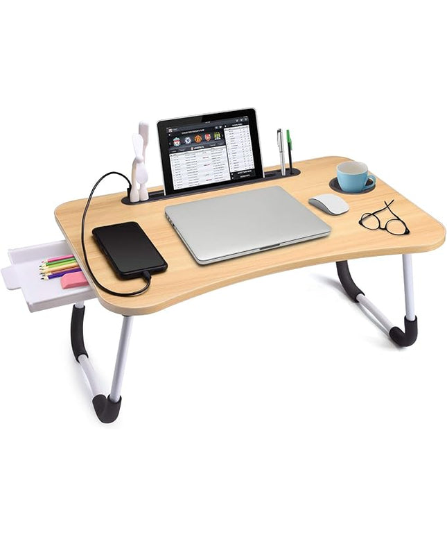 Slendor Lap Desk with Tablet Slot, Foldable Laptop Table with Storage Drawer for Bed，Portable Bed Desk for Laptop, Computer Tray with Cup Holder Notebook Stand Reading Holder for Couch Floor, Walnut