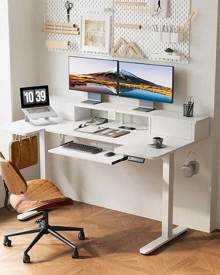 OffiGo U Shaped Electric Standing Desk with Drawers, 55 Inch Height Adjustable Desk with Keyboard Tray ＆ Ergonomic Monitor Stand, Sit Stand Table with Power Outlets for Home, Office, White