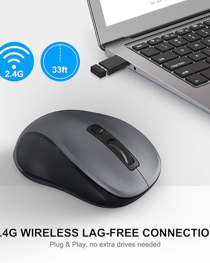 WisFox 2.4G Wireless Mouse for Laptop, Ergonomic Computer Mouse with USB Receiver and Type-C Adapter, 3 Adjustable Levels, 6 Button Cordless Mice for Windows Mac PC Notebook (Grey and Black)