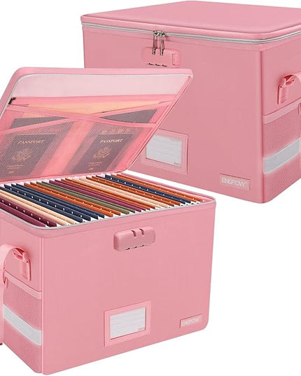 ENGPOW File Box with Lock, Fireproof Document Box with Pockets, Collapsible File Organizer Filing Storage Cabinet with Handle, Portable Home Office Safe for Hanging Letter/Legal Folders, Pink, 2 Pack