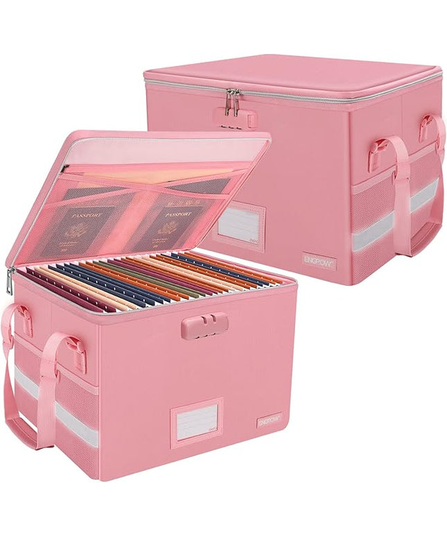 ENGPOW File Box with Lock, Fireproof Document Box with Pockets, Collapsible File Organizer Filing Storage Cabinet with Handle, Portable Home Office Safe for Hanging Letter/Legal Folders, Pink, 2 Pack