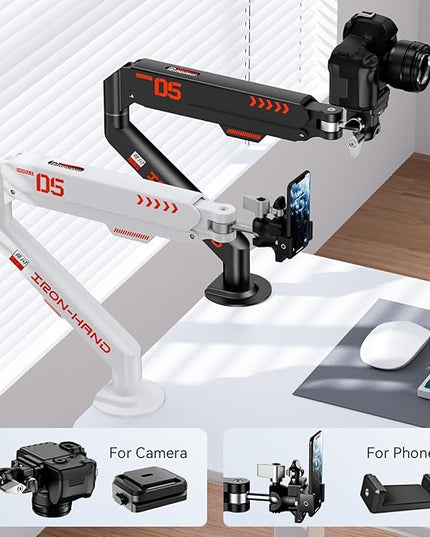 Overhead Camera Mount with 360° Adjustable Arm & Phone Holder for TikTok Live Streaming Photography Studio Content Creation, Desk Mount for for DSLR Camera/Webcam/Microphone, Black