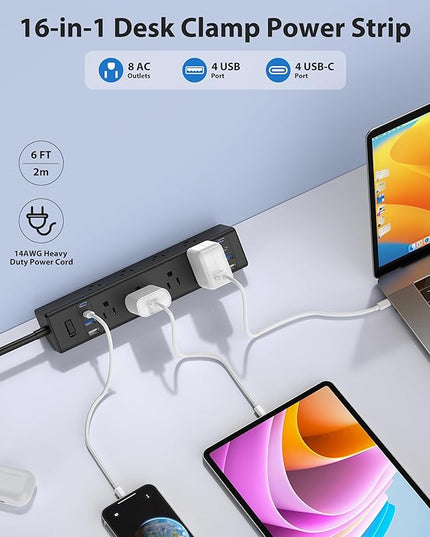 40W Fast Charging Station,Desk Clamp Power Strip 20W USB C,8 Outlets,8 USB Ports,4 USB C and 4 USB A, Office Furniture Nightstand Edge Mount Surge Protector, 14AWG Cord, Fits 1.9" Tabletop Edge