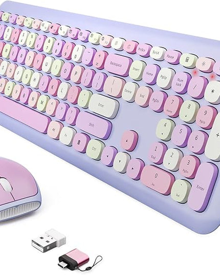 Wireless Keyboard and Mouse Combo, Colorful Ergonomic Full Size Retro Low-Noise Keyboard with Cute keycaps, Compatible with Windows, PC, Perfer for Home and Office Keyboards (Purple)