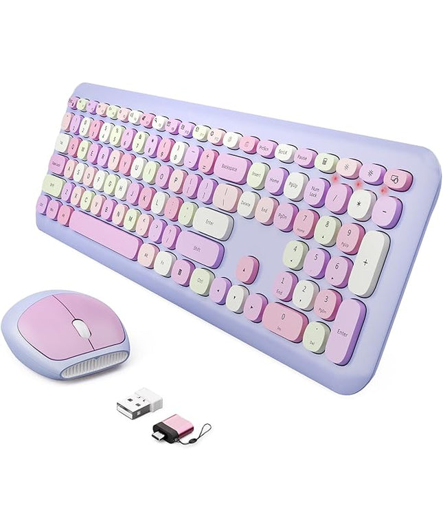 Wireless Keyboard and Mouse Combo, Colorful Ergonomic Full Size Retro Low-Noise Keyboard with Cute keycaps, Compatible with Windows, PC, Perfer for Home and Office Keyboards (Purple)