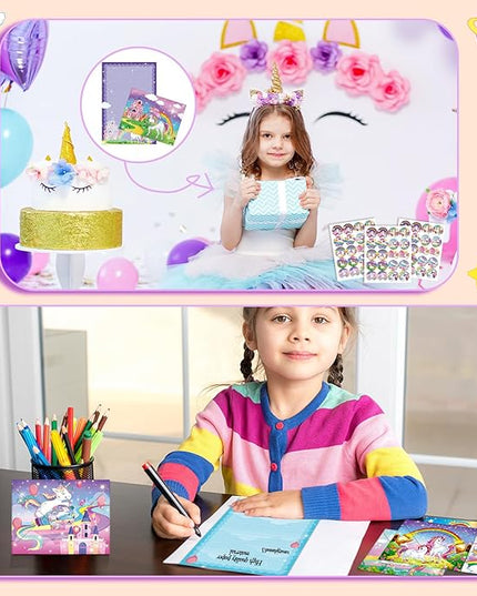 TaoBary 160 Pcs Stationery Paper Set 50 Double Sided Stationery Papers with 50 Matching Envelopes and 60 Round Dot Sticker, 10 Design(Unicorn,8.5 x 11 Inch)