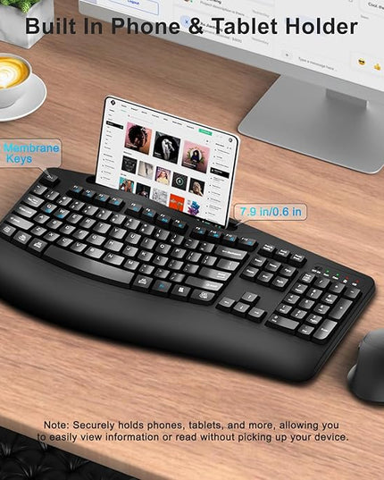 Wireless Keyboard and Mouse Combo, 2.4G Full Size Wave Keys Ergonomic Keyboard with Wrist Rest, Phone Holder, 3-Level DPI Wireless Silent Mouse with 6-Buttons, for Windows, Mac OS, Laptop, PC (Black)