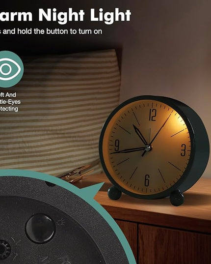 Blusaryme Analog Alarm Clock - 4 Inch Super Silent Non-Ticking, Battery Operated Small Clock with Night Light, Elegant Bedside Desk Clock for Bedroom, Living Room, Office, Student Gift