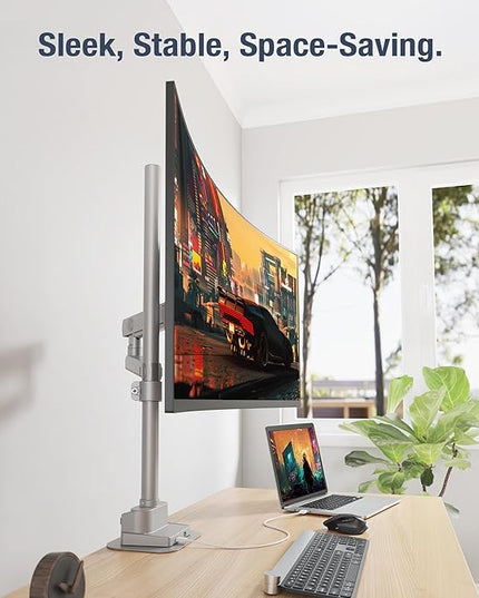 AVLT Single 40 Inch Monitor Arm Pole Top Mount with USB-C USB-A Ports-Gray, Supports 26.4 lbs (12kg), Ultrawide Screen fit, VESA Compatible, Tilt, Swivel, Rotate, Ergonomic Adjustable Height, Durable