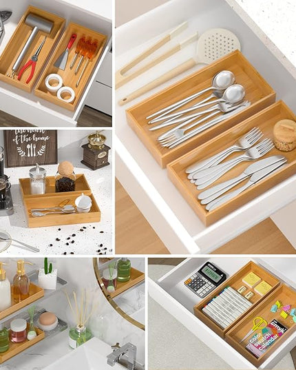 Silverware Tray for Drawer, Stackable Kitchen Bamboo Drawer Organizer 12" x 6" x 2" Set of 2