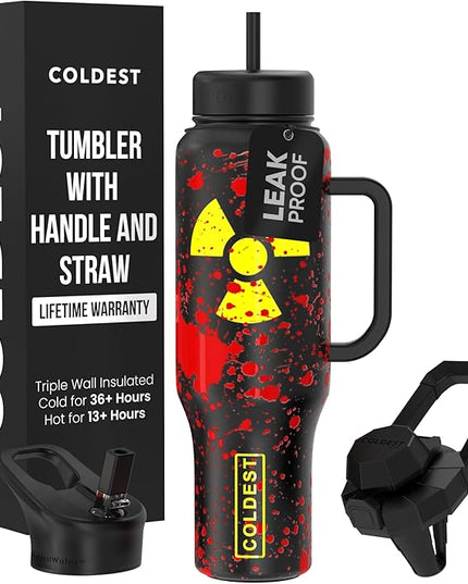 Coldest Tumbler with Handle and Straw, 100% Leak Proof Insulated Tumbler with Lid and Straw (3 Lids), Stainless Steel Tumblers for Women & Men, Cup Holder Friendly Base, 46 oz (Radioactive)