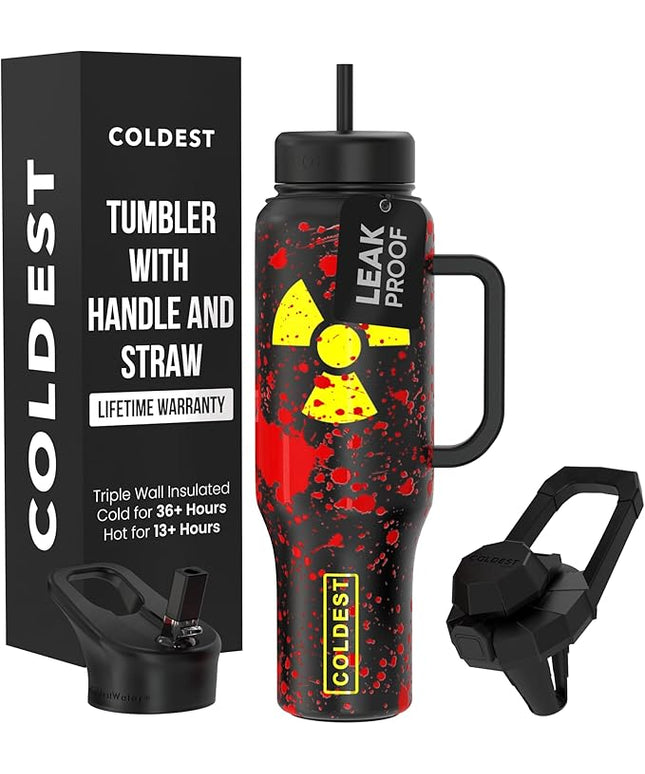 Coldest Tumbler with Handle and Straw, 100% Leak Proof Insulated Tumbler with Lid and Straw (3 Lids), Stainless Steel Tumblers for Women & Men, Cup Holder Friendly Base, 46 oz (Radioactive)