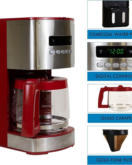 Kenmore Drip Coffee Maker - 12 Cup Programmable Cafe Machine With Glass Pot, Regular & Bold Brew, Auto Shut Off Large Water Reservoir, Reusable Filter, Kitchen Appliances For Cafeteria Barista, Red