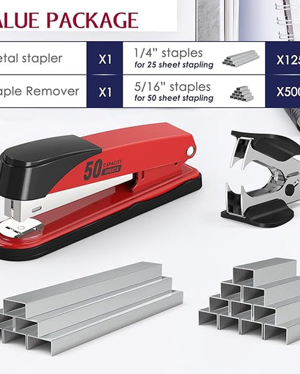 Metal Stapler Heavy Duty 50 Sheet Capacity with 1750 Staples and Staple Remover, Full Strip Staplers for Desk, No Jam, Non-Slip for Office & Classroom, Red