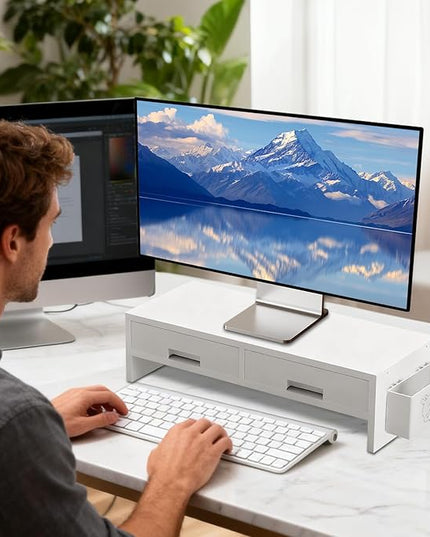 Desk Monitor Stand Riser - Double Drawer Organizer, Ergonomic Adjustable Shelf, Durable Wooden Desktop | Space-Saving Computer Accessory for Home Office Study and Bedroom Setup