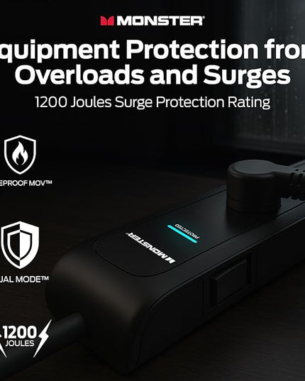 Monster Power Surge Protector w/ 1200 Joule Rating — Heavy Duty 6 FT Surge Protector Power Strip w/ 6 120V Outlets, 2 USB-A Ports — Fireproof MOV, Dual Mode, Clean Tech for Home & Office (Black)