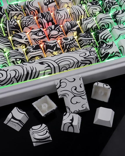 Tsungup PBT Keycaps,138 Keys Custom Cool Dragon Pattern Side Printed Keycaps,Cherry Profile Key Caps Keyboard Keycap Set for 60% 65% 75% 80% 100% MX Switches Mechanical Keyboard(White)