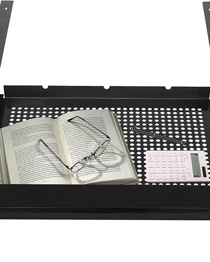 LEYSRIS 17.72" Lx1.8 H Under Desk Storage Drawer with Holes, Locking Design Black Sliding Pull-Out Drawer for Sit Stand Workstation