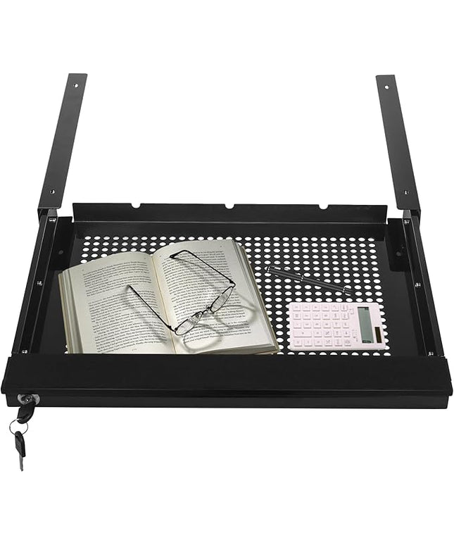 LEYSRIS 17.72" Lx1.8 H Under Desk Storage Drawer with Holes, Locking Design Black Sliding Pull-Out Drawer for Sit Stand Workstation