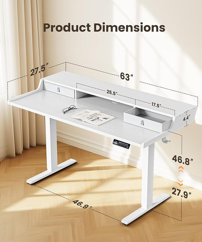 ErGear Electric Standing Desk with Drawers, 63″ x 28″ Gaming Table Compatible Monitor Stand, Stand up Desks, Home Office Height-Adjustable Desk with Storage Shelf, 4 Preset Heights, White