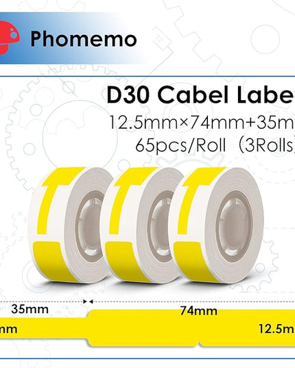 Phomemo D30 Cable Label Colorful Waterproof Wire Cord Labels, (12.5mm X 74mm) 65 Labels/Roll, Tags Stickers Tear Resistant Flexible, Phomemo d30 Label Tape -Black on Yellow Paper, 3 Roll
