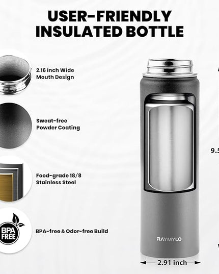 Insulated Water Bottle 20 oz, Triple Wall Vacuum Stainless Steel (Cold for 48 Hrs), Leak Proof & Non-BPA, Kids Water Bottle Jug for School with Straw Spout Lids, Dark Gray