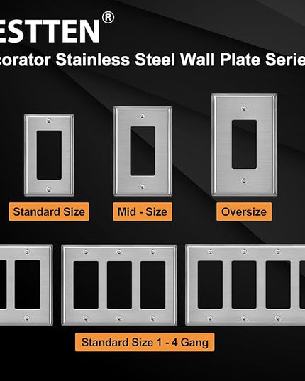 [5 Pack] BESTTEN 2 Gang Decor Metal Wall Plate with Plastic Film, Decorator Stainless Steel Outlet Cover, Durable Corrosion Resistant Industrial Grade Material, H4.53” x W4.57”, Brushed Finish, Silver