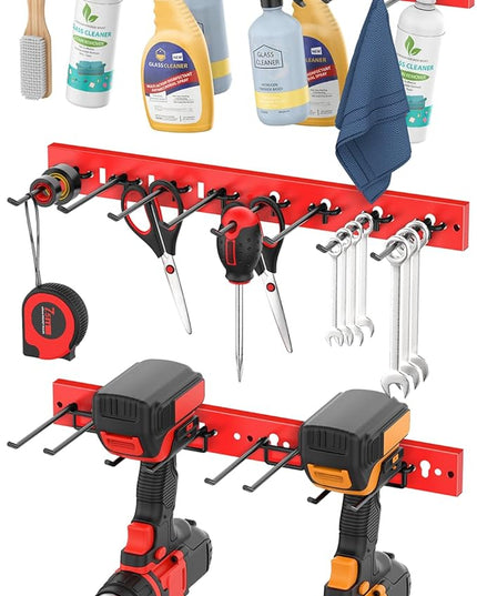CCCEI 3 Modular Pegboard Strip Storage, Metal Peg Slat Wall Mount for Garage, Basement, Garden, Laundry Room Organization. Flexible Tool Organizer for Rake, Shovels, Crafting. Gifts for Men, Red.