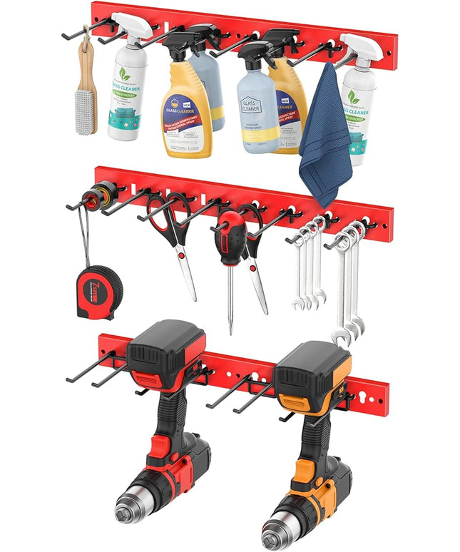 CCCEI 3 Modular Pegboard Strip Storage, Metal Peg Slat Wall Mount for Garage, Basement, Garden, Laundry Room Organization. Flexible Tool Organizer for Rake, Shovels, Crafting. Gifts for Men, Red.