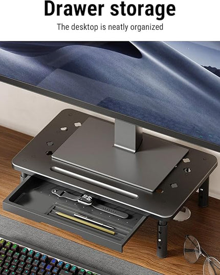 GOWENIC Desktop Computer Riser Stand with Drawer, Monitor Stand Riser 3 Height Adjustable, Laptop Stand for Desk, Desk Organizer for Computer, Laptop, Printer, Notebook (Black)