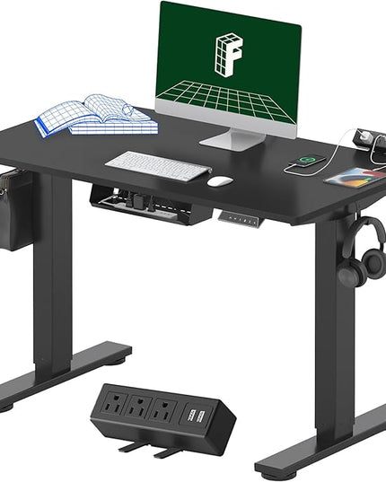 FLEXISPOT EN2 Whole-Piece Standing Desk with Clamp Power Strip, 40 x 24'' Electric Stand Up Height Adjustable Desk with Cable Management (Black Frame + 40" Black Top)