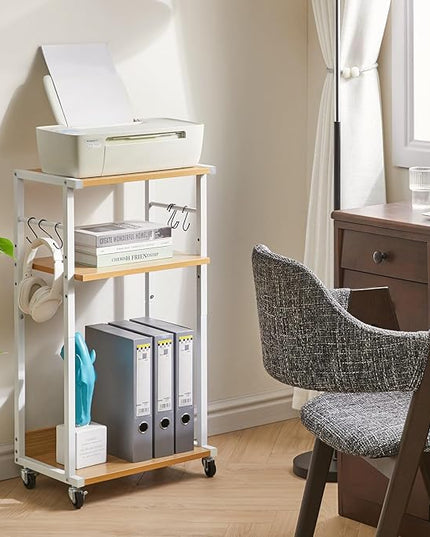YMYNY Mobile Printer Stand, 3-Tier Printer Cart with Adjustable Storage Shelf and 6 S-Hooks, Tall Printer Table for Home Office, for Computer Tower Stand, Shredder, CPU Stand, Natural, UHPT002N