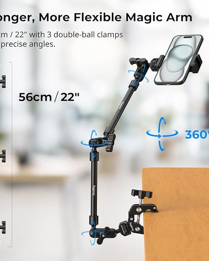 SMALLRIG 22" Magic Arm Clamp, Overhead Phone Mount Holder Stand, Flexible Desk Camera Mount, Articulating Friction Boom Arm, for POV Shot, Filming, Light, Webcam, Action Camera