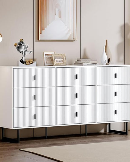 Chrangmay Modern Chest of Drawers with 9 Drawers,Deep Drawers,Clothes Organizer,Large Storage Cabinet for Living Room, Bedroom,Hallway,with Anti-Tipping Device, White