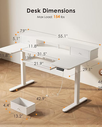 OffiGo U Shaped Electric Standing Desk with Drawers, 55 Inch Height Adjustable Desk with Keyboard Tray ＆ Ergonomic Monitor Stand, Sit Stand Table with Power Outlets for Home, Office, White