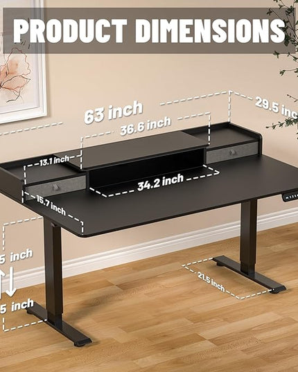 63 x 30 Inch Electric Standing Desk with 2 Drawers, Adjustable Height Widened Stand Up Desk with Storage, Sit to Stand Ergonomic Workstation for Home Office, Classic Black