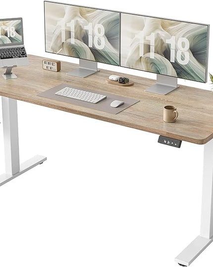 TIQLAB Standing Desk 63 x 24 inch, Electric Height Adjustable Desk with Splice Board, Sit Stand Desk Computer Table for Home Office, White Frame/Maple Top