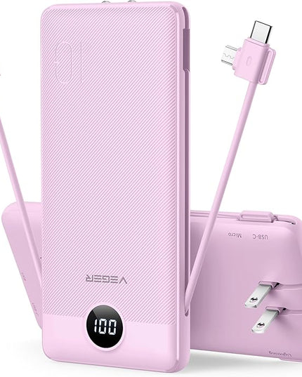 VEGER Portable Charger for iPhone Built in Cables and Wall Plug, 10000mah Slim Fast Charging USB C Power Bank, Travel Essential Battery Pack Compatible with iPhones, iPad, Samsung More Devices(Purple)
