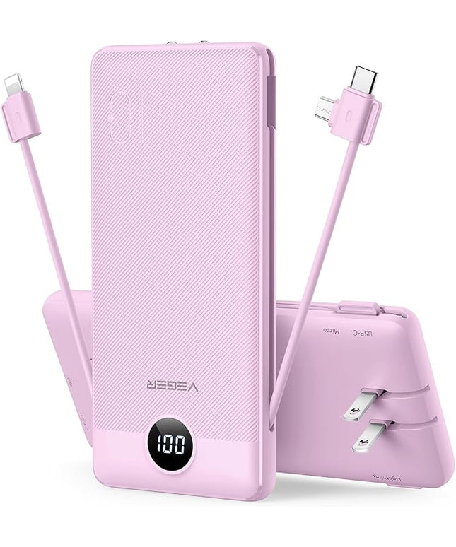 VEGER Portable Charger for iPhone Built in Cables and Wall Plug, 10000mah Slim Fast Charging USB C Power Bank, Travel Essential Battery Pack Compatible with iPhones, iPad, Samsung More Devices(Purple)