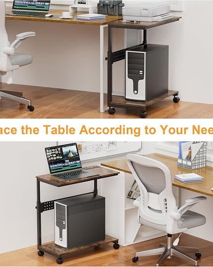 Computer Tower Stand with Charging Station, Height Adjustable 2-Tier CPU Stand with Power Strip and USB Ports, PC Tower Cart with Wheels and Printer Shelf, Rustic Brown and Black