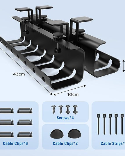 Under Desk Cable Management Tray No-Drill 2 Pack 16.9‘’ Wire Cord Organizers, Cable Management Under Desk for Home and Office No Damage Black