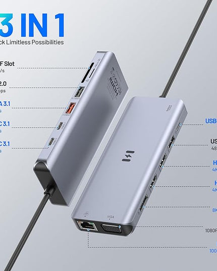 USB C Docking Station 4 Monitors,13 in 1 Laptop Docking Station 3 Monitors with Dual HDMI,8K DP,VGA,10Gbps USB A/C Data Transfer, PD Charging,USB C Hub Multiport Adapter for Windows/Mac OS Laptop