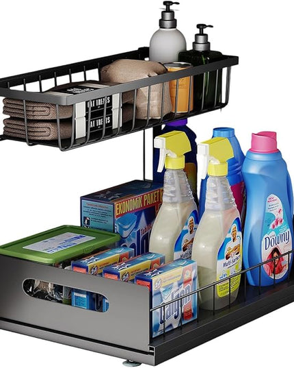 Under Sink Organizer, 2 Tier Pull-Out Cabinet Storage Shelf, Rust-Resistant Metal Organizer for Kitchen Bathroom Laundry Room, No Tools Installation, 1 Pack Black