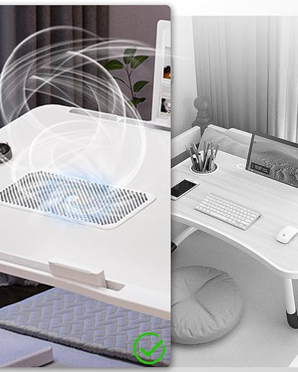 iXTRA Laptop Lap Desk with Cooling Fan - Adjustable with Light, USB, Storage Drawer - Folding Bed Desk,22.04"*12.59",White