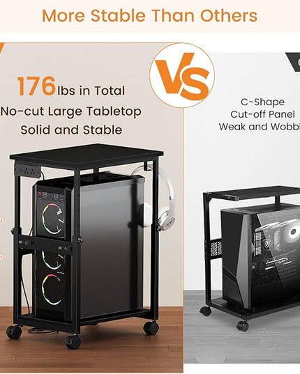 Snughome Extra-Large Computer Tower Stand with Charging Station, Adjustable PC Tower Stand for Floor 25.2"-36.22", PC Stand with Locking Wheels Mobile Rolling CPU Holder Cart for Gaming Office Home